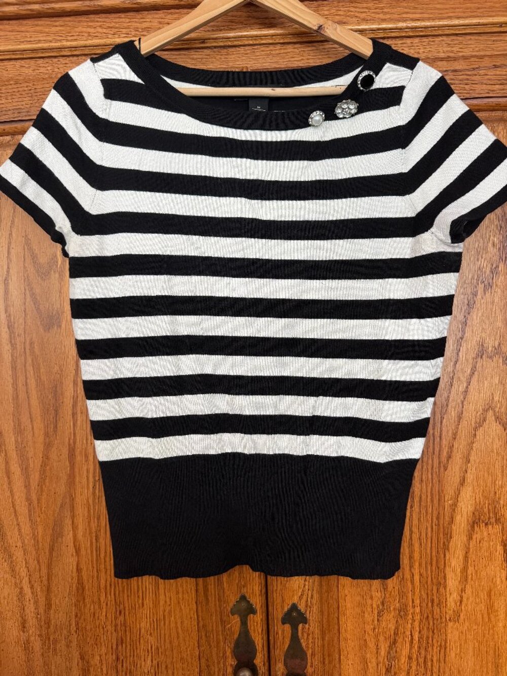 White House Black Market Black and White Striped Short Sleeve Sweater Top
